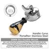 A stainless steel double-mouth portafilter with a black and gold handle for espresso machines.