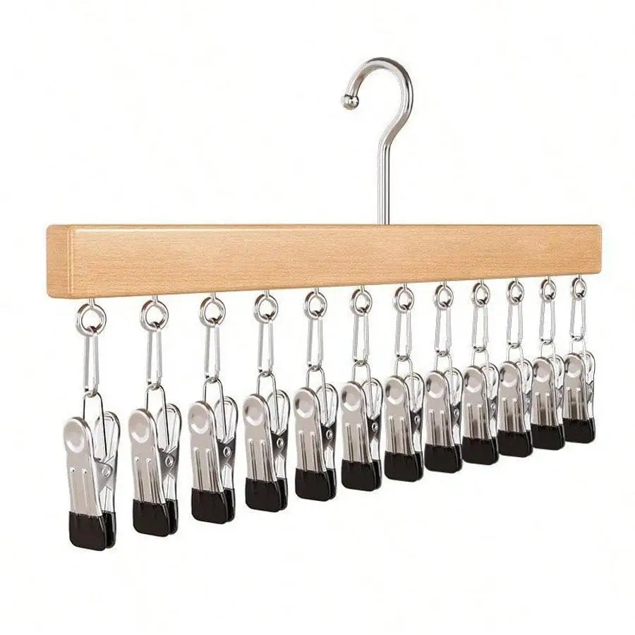 A wooden clip hanger with 12 metal clips for holding scarves, ties, and other items.