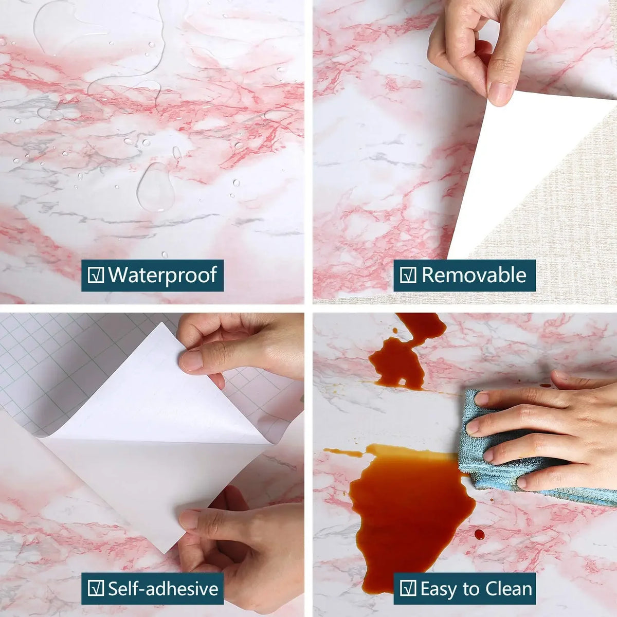 Demonstration of self-adhesive pink marble wallpaper for waterproof, removable, and easy-to-clean application.