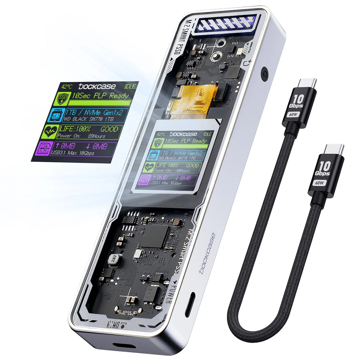 Silberne NVMe SSD-Gehäuse mit LCD-Display und schwarzem Stromkabel.
