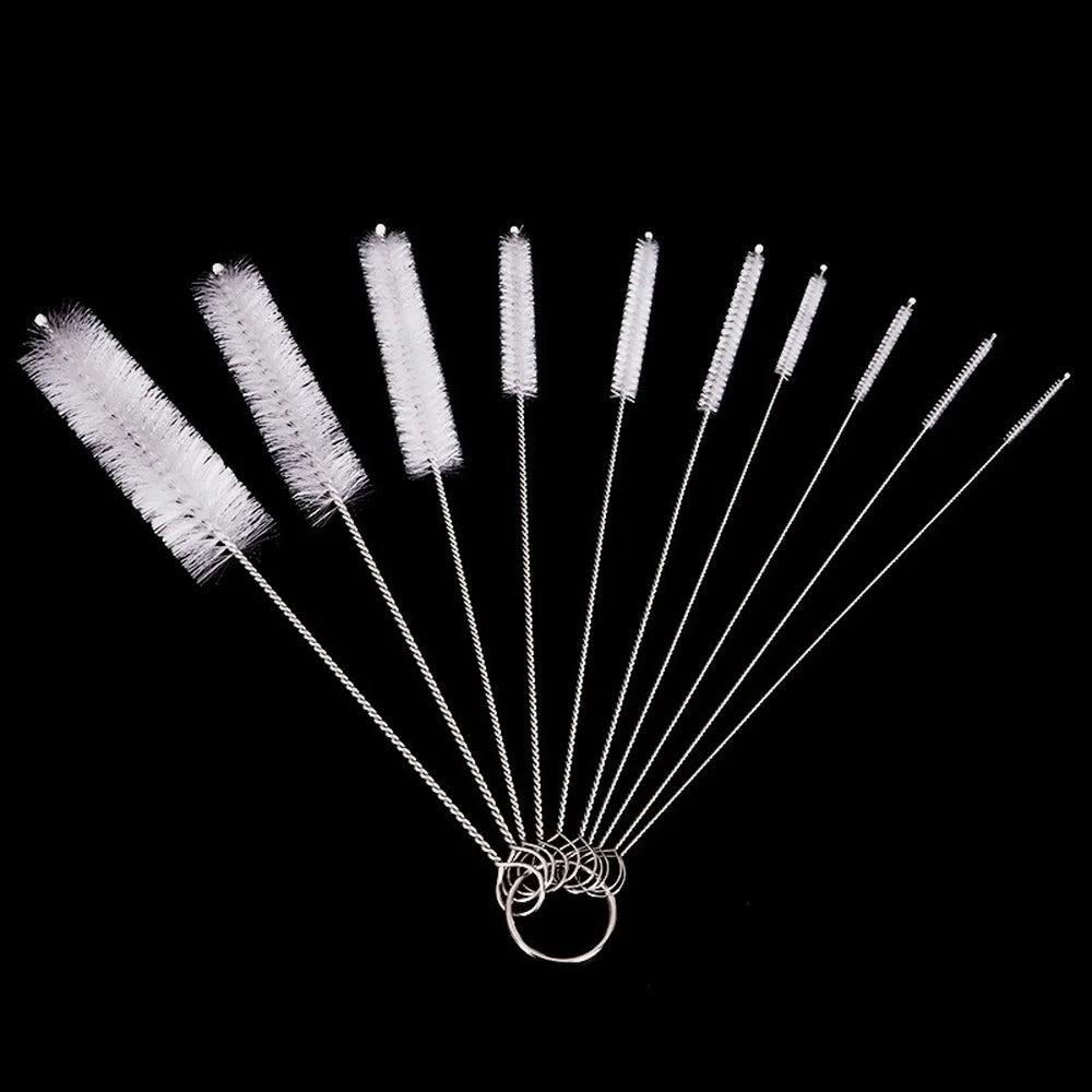 A set of ten nylon bottle and straw cleaning brushes arranged radially against a black background.