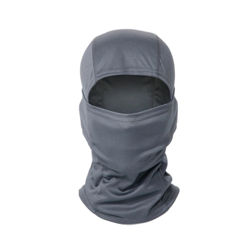 Gray stretchy breathable balaclava cap worn on a person's head