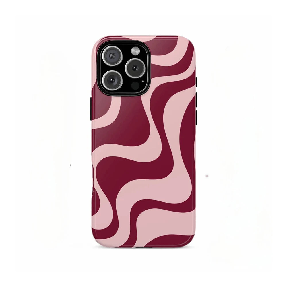 A phone case for an iPhone featuring a dual-layer design with pink and maroon wavy stripes.