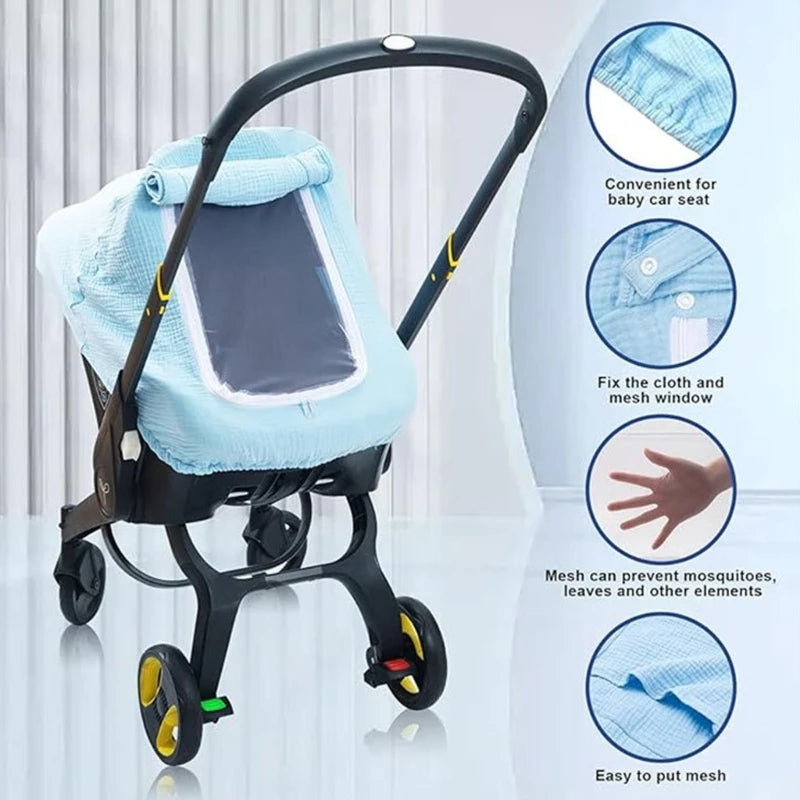 A light blue breathable 2-in-1 car seat cover and mosquito net for babies shown with a handle and wheels.