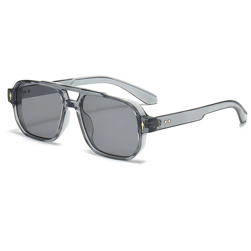 Gray retro double-bridge square sunglasses with a light gold frame