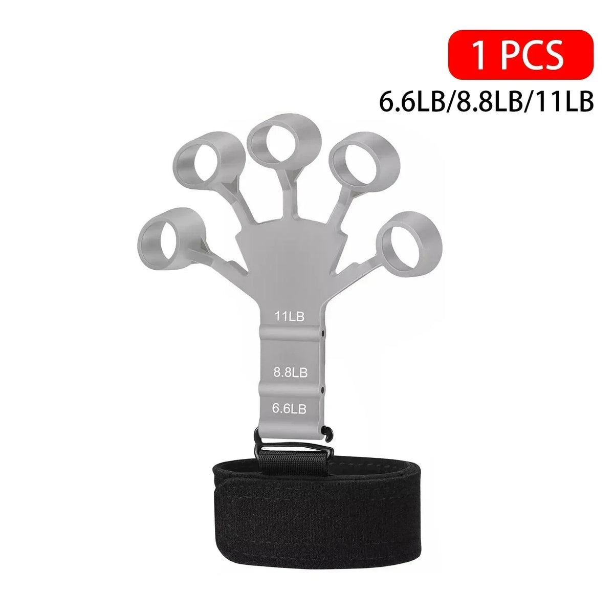 Silver adjustable finger strengthener with multiple grips and a black wrist strap