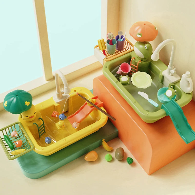 A colorful kids electric kitchen sink playset featuring a green avocado-themed sink with running water and fishing tools.