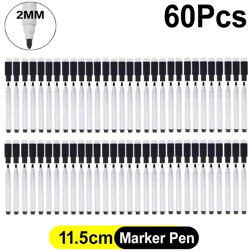 A set of 60 black magnetic dry erase marker pens with a built-in eraser and a 2mm tip.