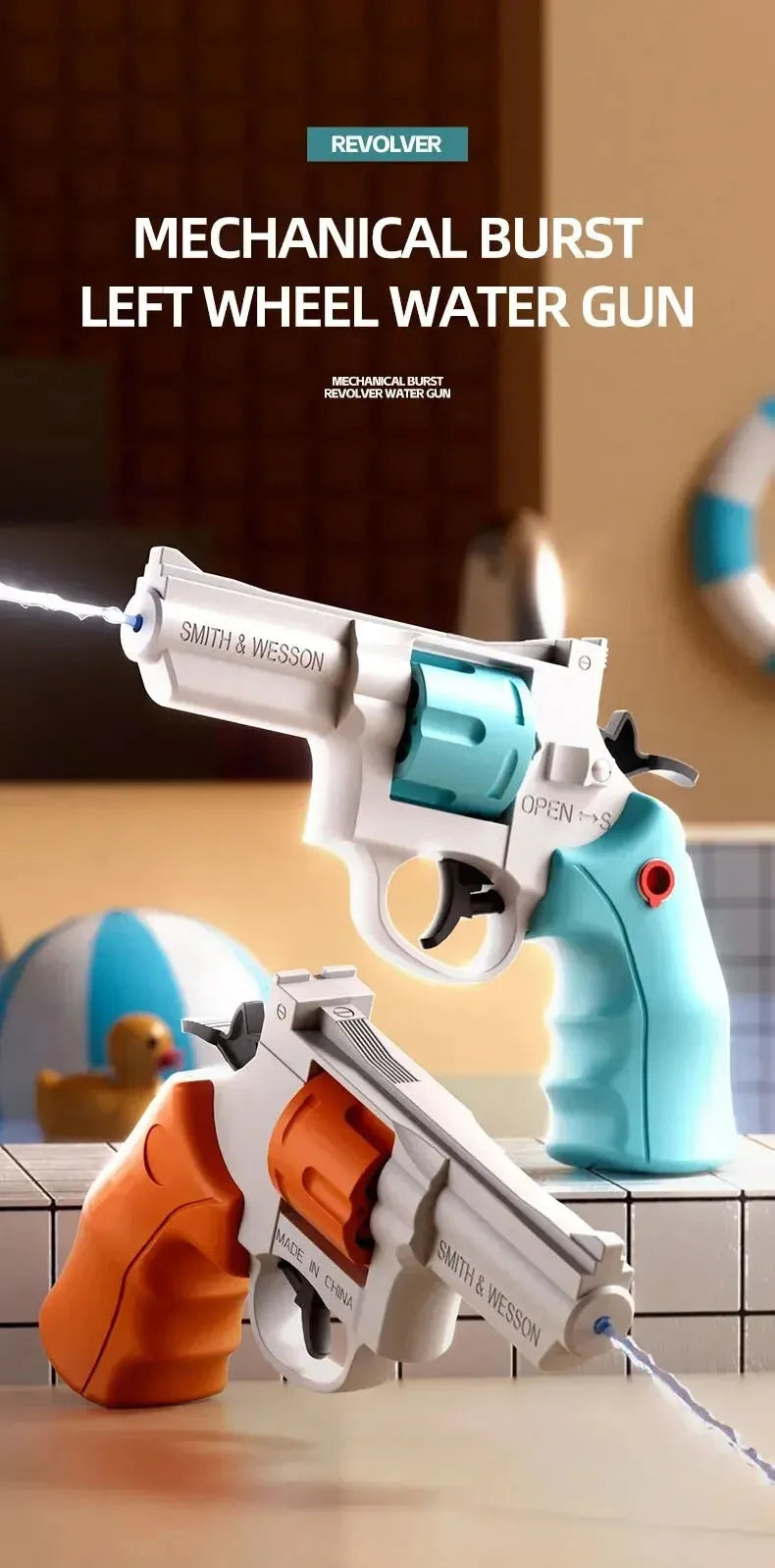 A white and orange mechanical burst revolver water gun is shown with a blue water stream, resting on a wooden surface.
