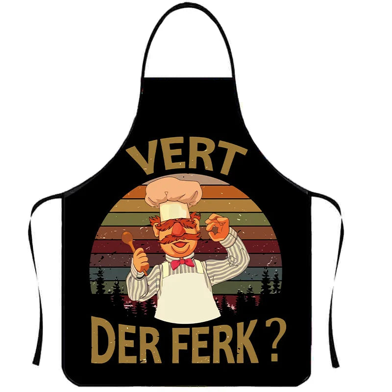 Black apron with a graphic of a man in a chef's hat and mustache asking Der Ferk?