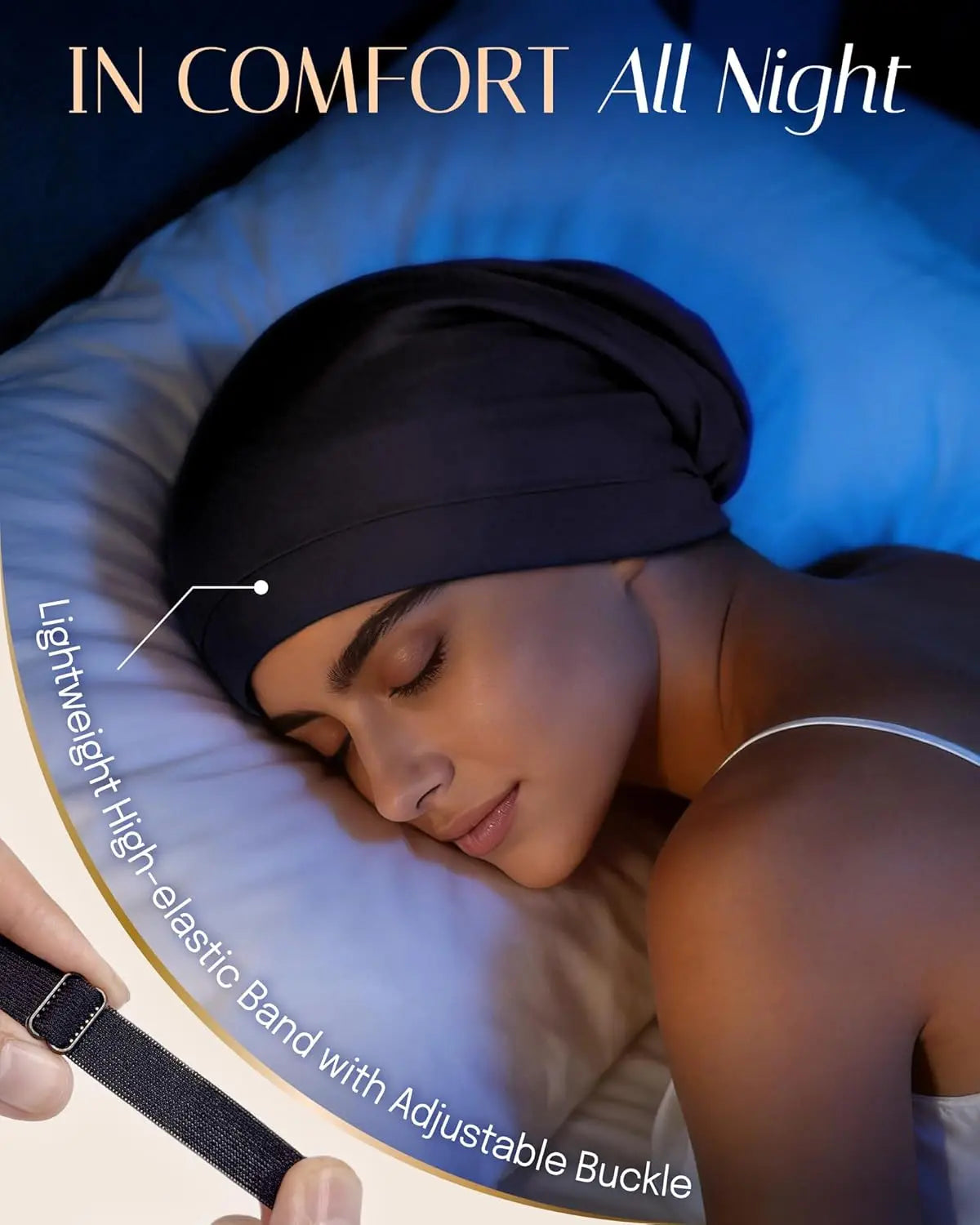 A woman wearing a black silk satin sleep bonnet, demonstrating an adjustable elastic band with a buckle.