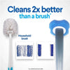 A household brush is shown next to a blue toothbrush and water, demonstrating cleaning effectiveness.