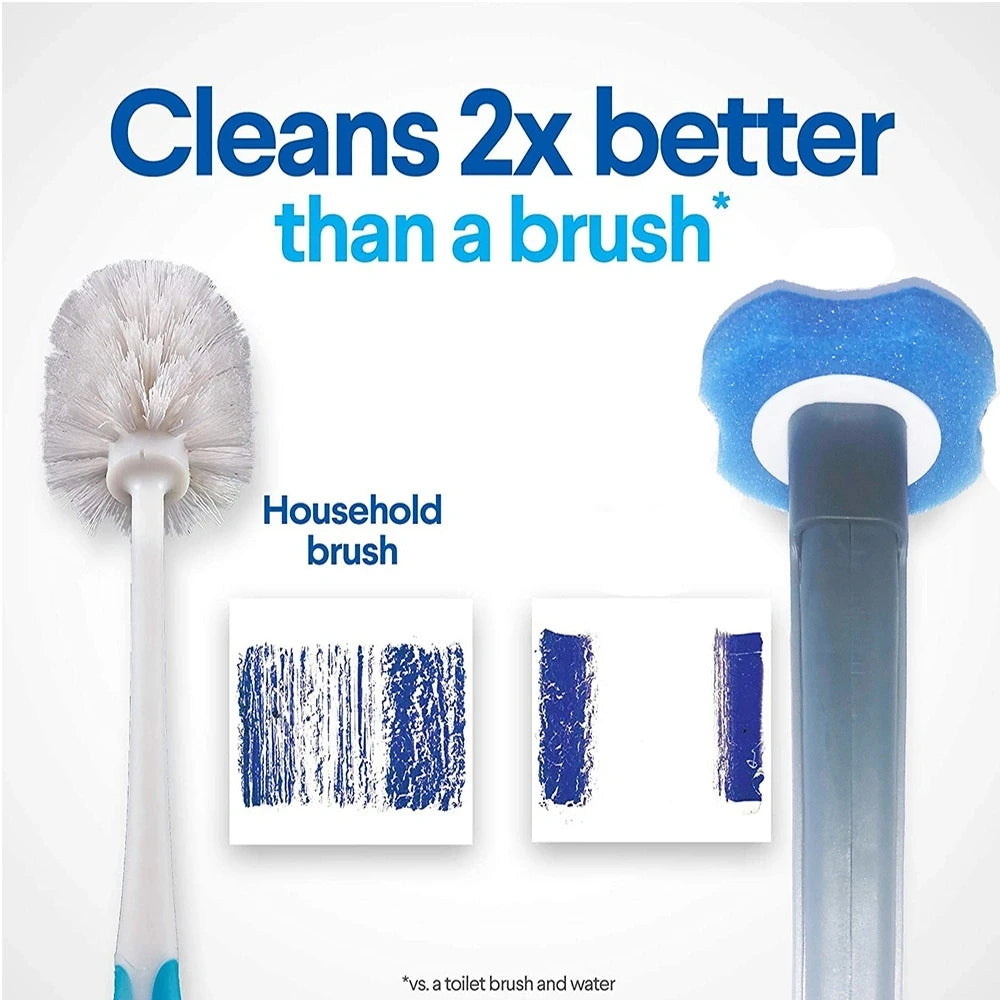 A household brush is shown next to a blue toothbrush and water, demonstrating cleaning effectiveness.