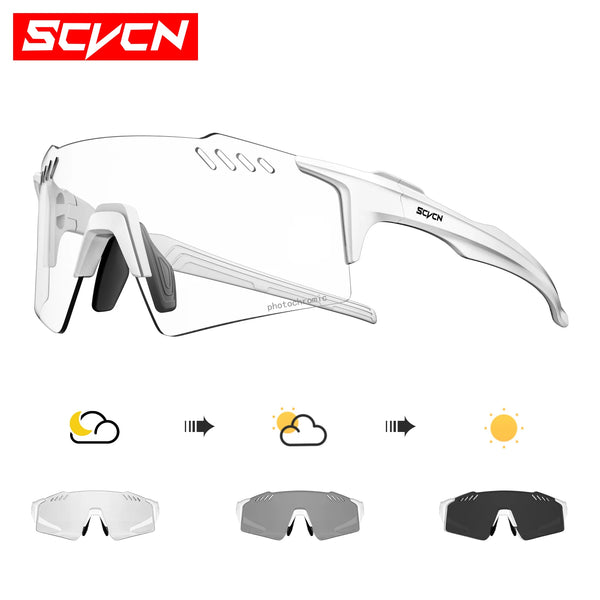 A pair of clear photochromic cycling sunglasses shown in various states of light adjustment.
