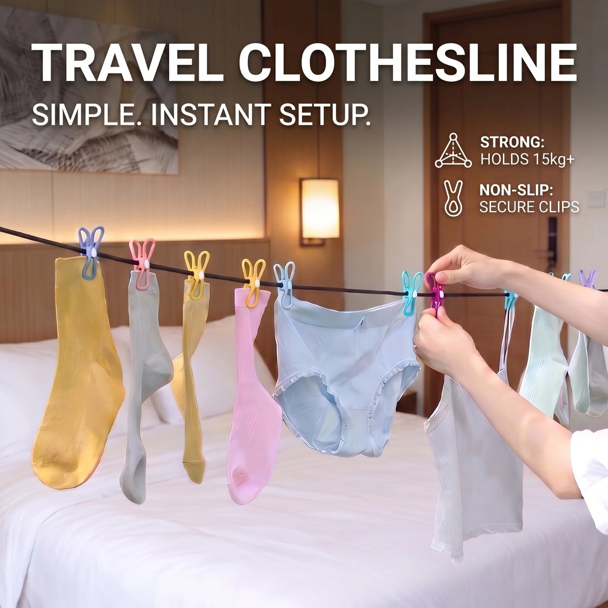 A travel clothesline setup showing various colored garments hanging on a line for quick drying.