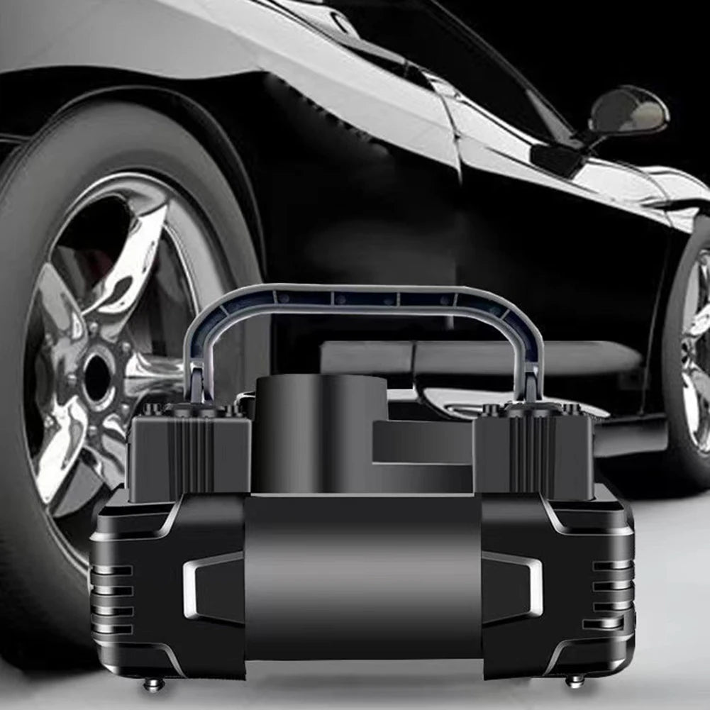 A black portable digital tire inflator device is shown in front of a car wheel.