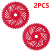Two red 36-tooth carbide tipped brush cutter blades with mounting holes