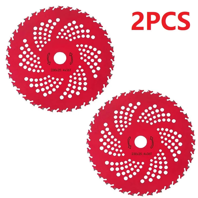 Two red 36-tooth carbide tipped brush cutter blades with mounting holes