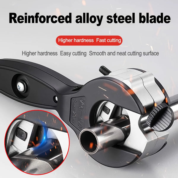 Close-up view of a reinforced alloy steel blade on a precision ratchet pipe cutter tool.