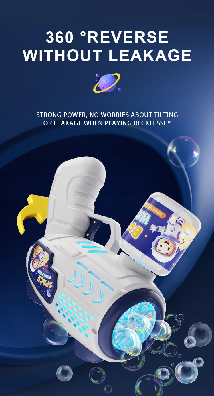 A white astronaut bubble blaster toy is shown with a purple and blue design, surrounded by floating bubbles.