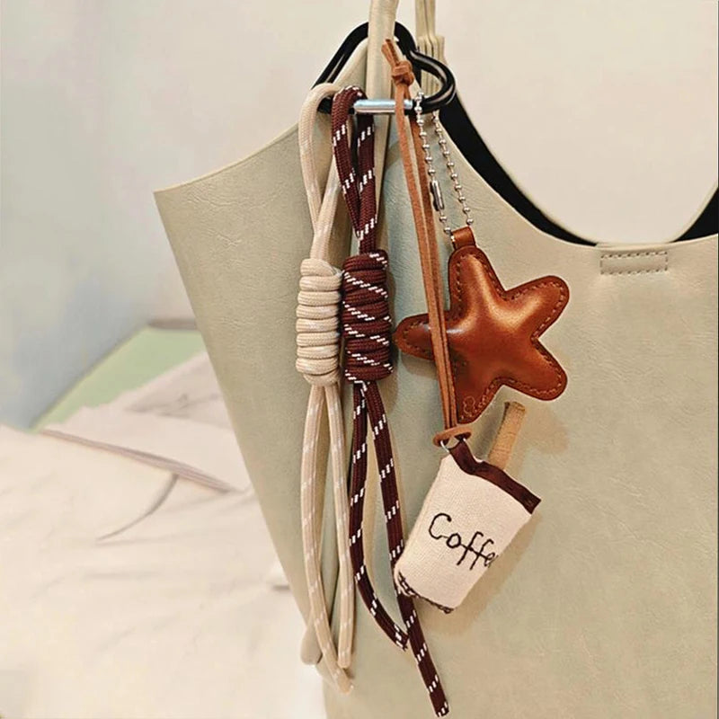 Kawaii Cartoon Linen Keychain – Cute Coffee & Bread Design with Leather Heart Pendant