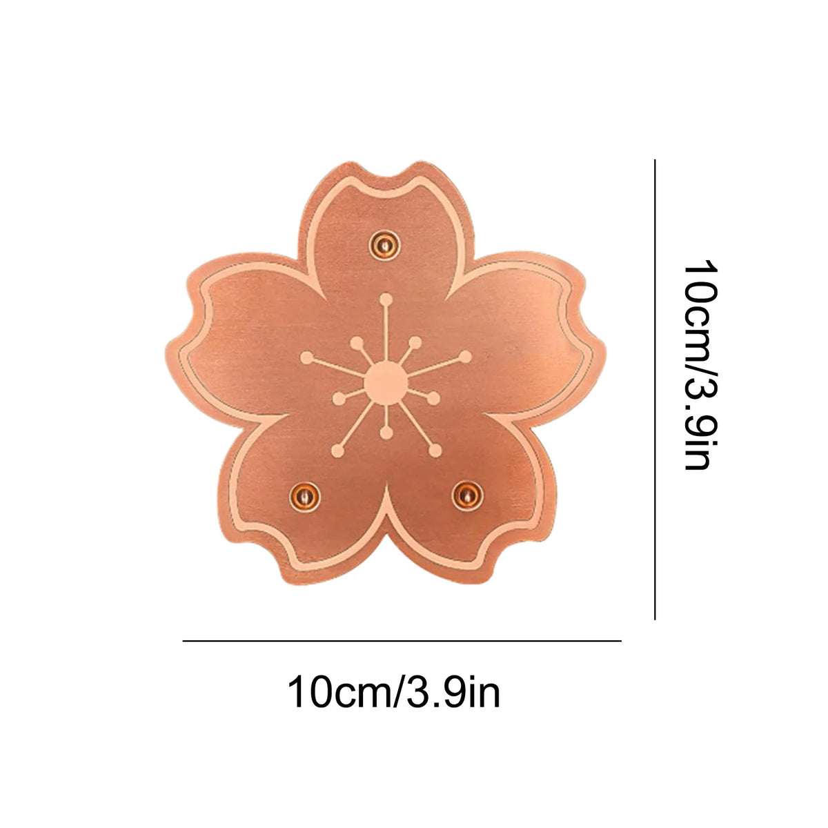 A copper bird bath cleaner disk with a floral design and triple-point support, measuring 10cm by 3.9in.
