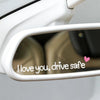 A close-up view of a car decal sticker set featuring the text I love you drive safe on a window.