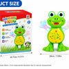 A green dancing frog toy packaged in a red box, showing its size and features.