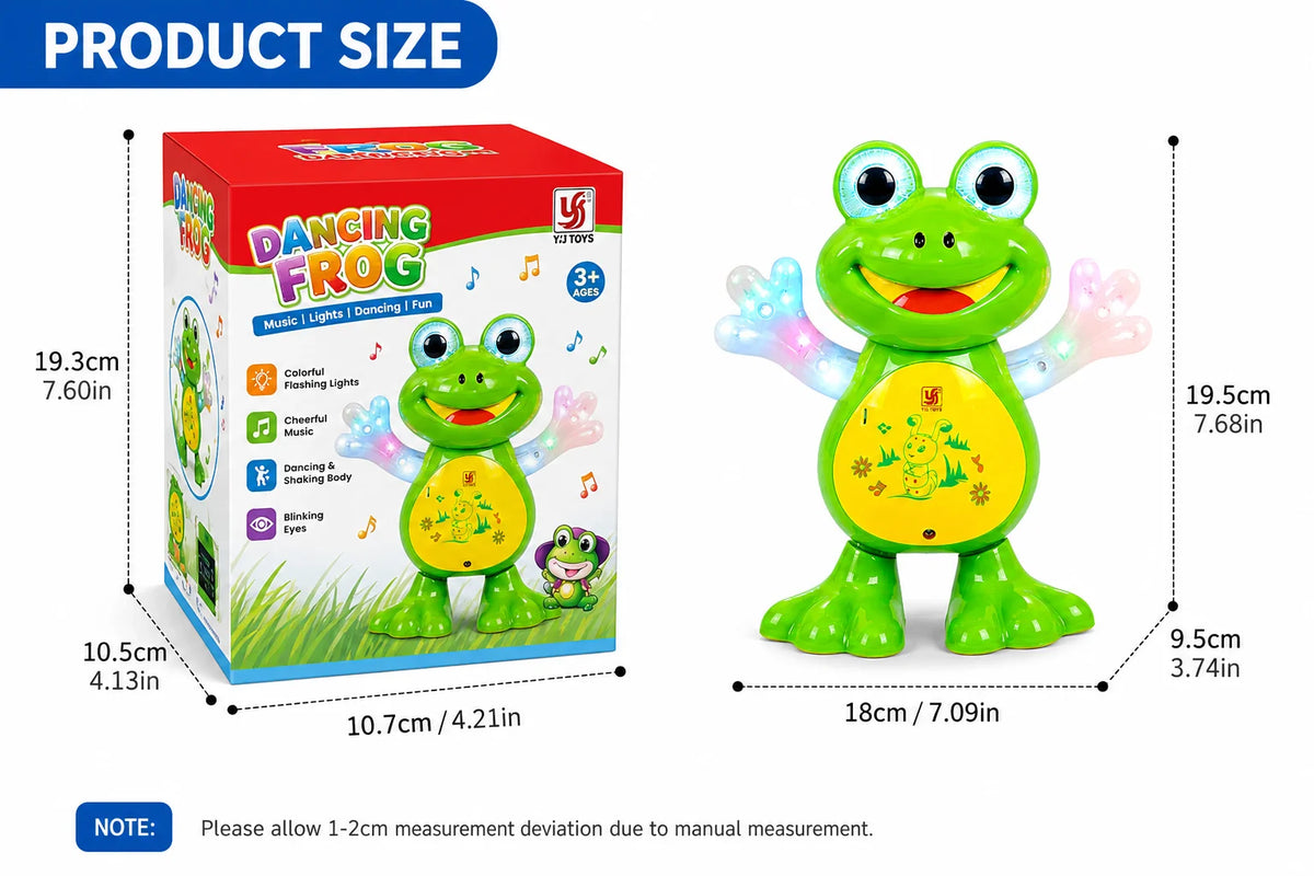 A green dancing frog toy packaged in a red box, showing its size and features.