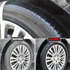 Before and after comparison of a tire and trim restorer deep black gloss coating on a car wheel.