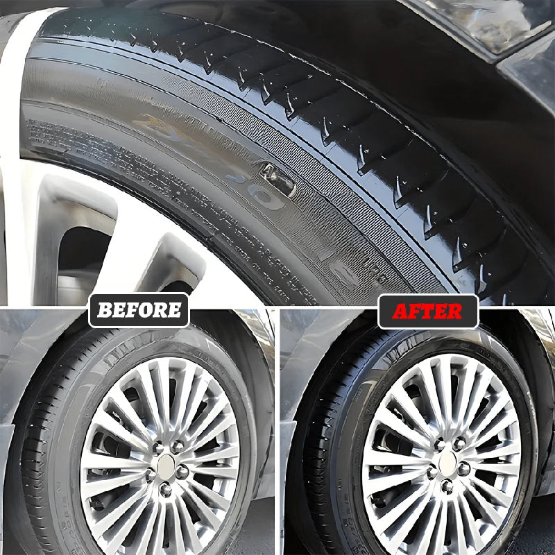 Before and after comparison of a tire and trim restorer deep black gloss coating on a car wheel.