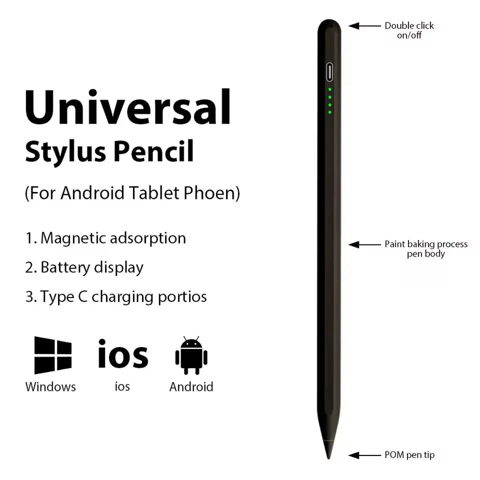 Schwarze Stiftspenise neben Symbolen für Kompatibilität mit Windows, iOS und Android Geräten.