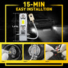 Installation guide showing three steps for installing 15-min easy install LED fog light bulbs in a car.