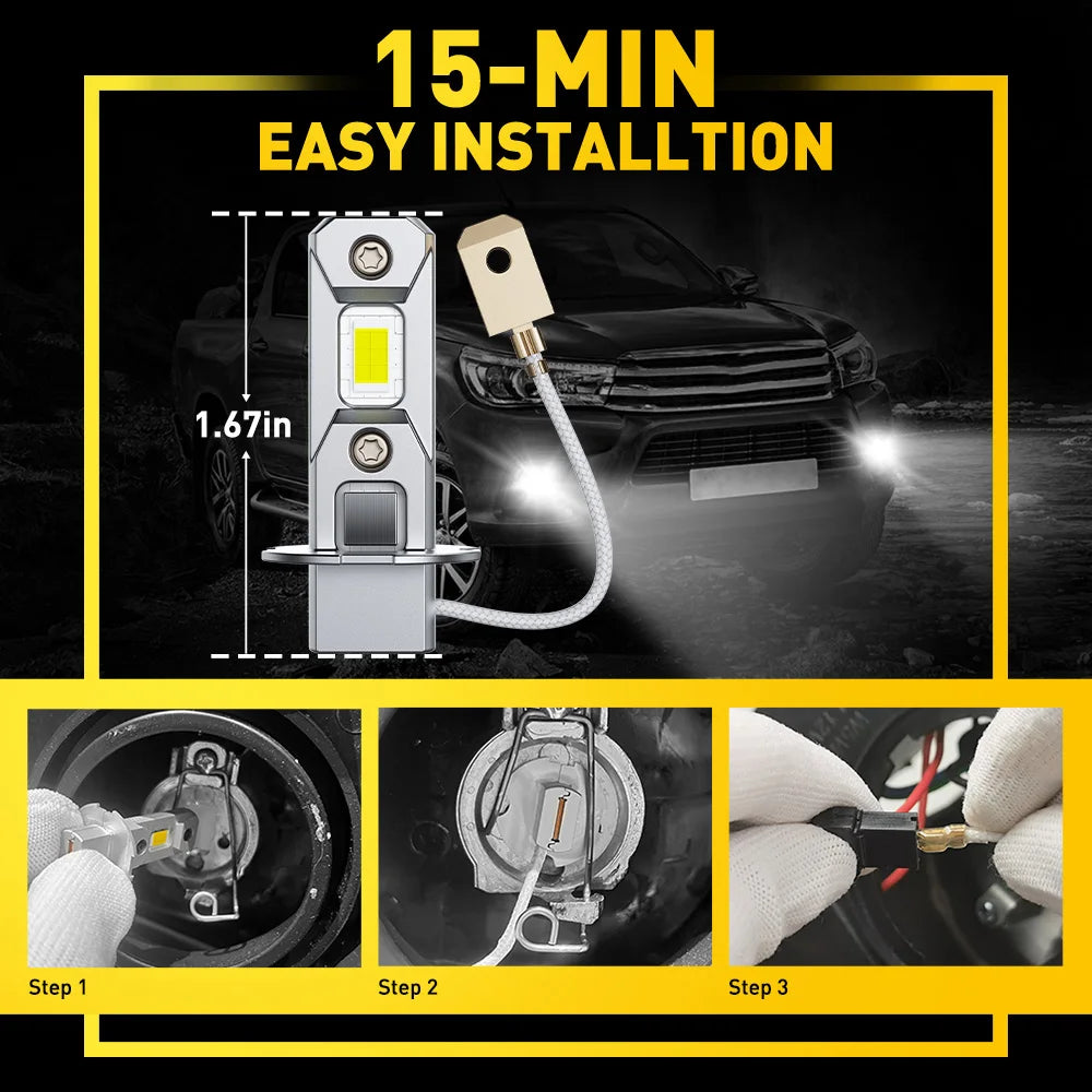 Installation guide showing three steps for installing 15-min easy install LED fog light bulbs in a car.