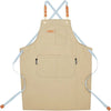 A beige cotton canvas apron with adjustable straps and multiple pockets for kitchen or salon use.