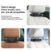 A portable car seat cooling fan is shown in white and tan colors, demonstrating its design for various vehicle models.