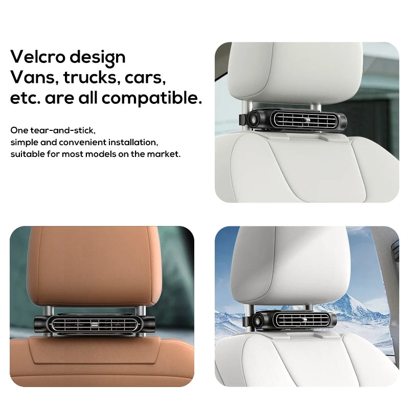 A portable car seat cooling fan is shown in white and tan colors, demonstrating its design for various vehicle models.