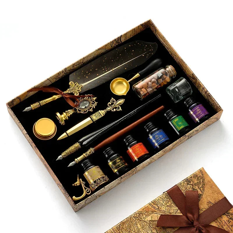 A wooden box contains a vintage calligraphy fountain pen set with wax seal stamp kit and various accessories.