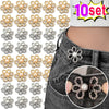 A set of adjustable flower waist clips in gold and silver tones for pants and jeans.