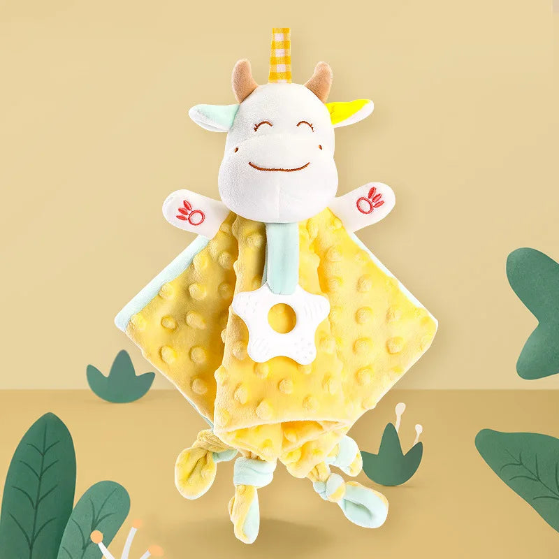 A yellow elephant plush toy with a teether, rattle, and comfort blanket for babies.