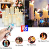 LED pillar candles with remote control and timer shown next to traditional candles, highlighting features like no dripping wa
