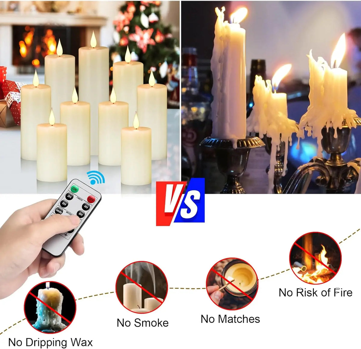 LED pillar candles with remote control and timer shown next to traditional candles, highlighting features like no dripping wa
