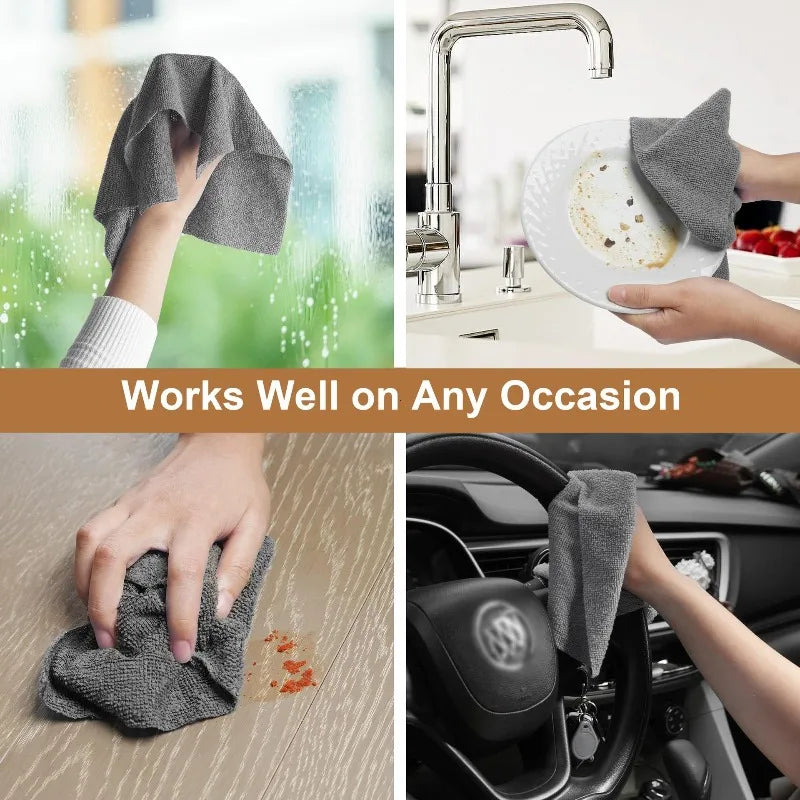 Reusable microfiber cleaning cloth being used to wipe a surface in various contexts.