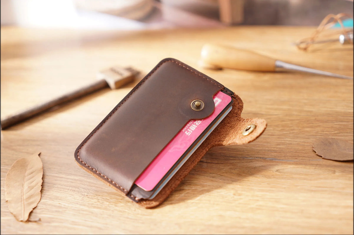 Vintage Leather Slim Card Holder with Snap Closure
