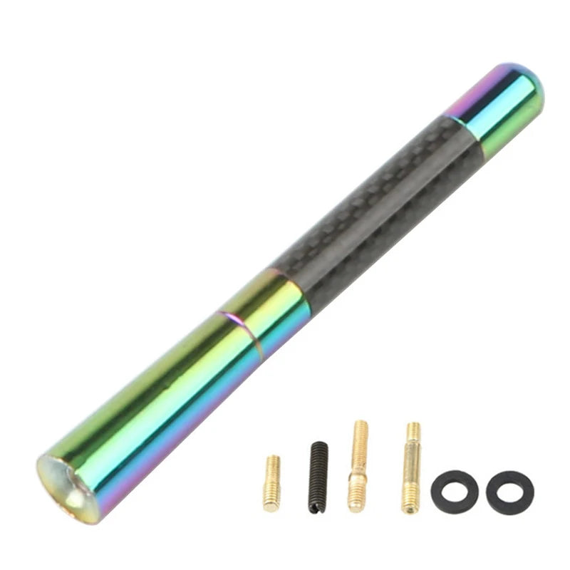 A universal carbon fiber short radio antenna with metallic tips and mounting screws.