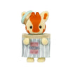 A Sylvanian Families tea party baby blind bag collectible figure with an orange and white striped face and a light blue hat.