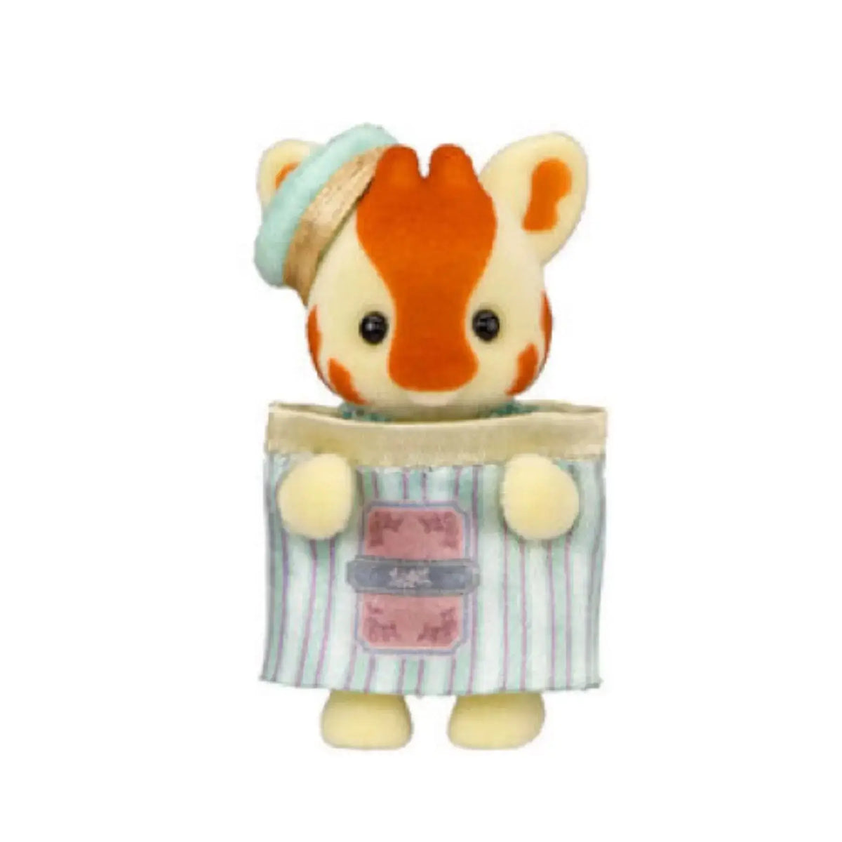 A Sylvanian Families tea party baby blind bag collectible figure with an orange and white striped face and a light blue hat.