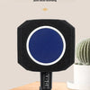 A black sound-absorbing sponge cover with a blue circle, mounted on a stand for vocal recording.
