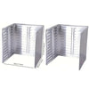 Foldable aluminum stove splatter guard with clear plastic panels shown open and closed.