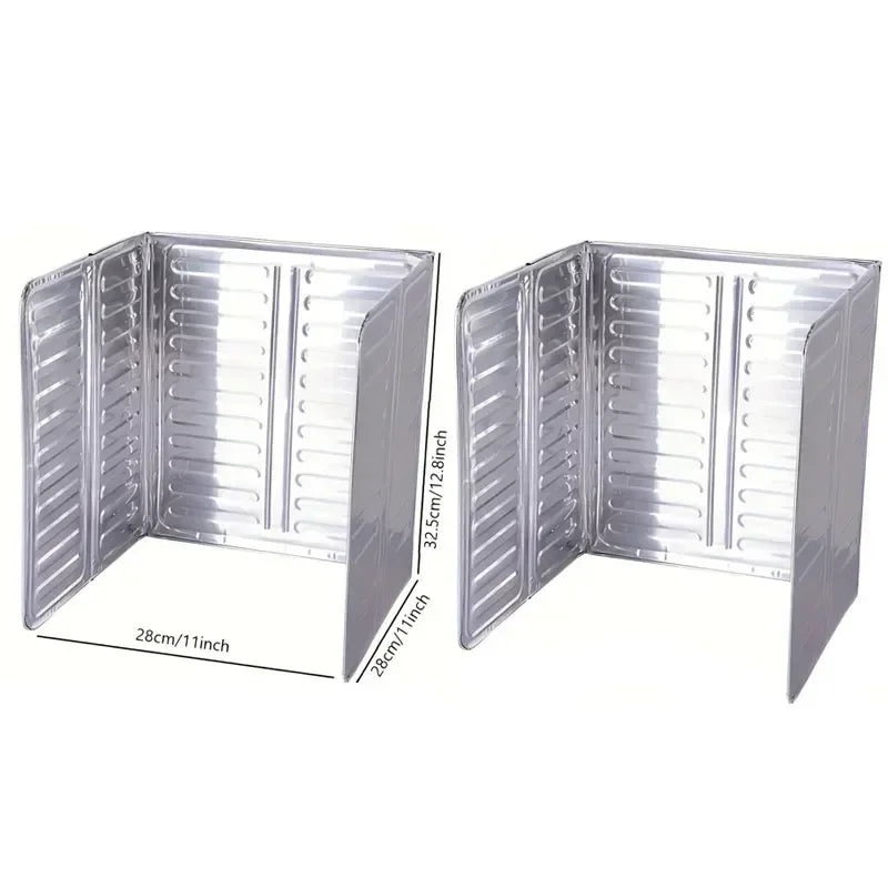 Foldable aluminum stove splatter guard with clear plastic panels shown open and closed.